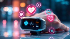 Close-up illustration of telemedicine AI wearable health device tracking ECG, blood pressure, and glucose