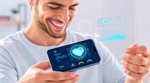 Patient monitoring real-time health data via telemedicine AI wearable health device on smartphone.”